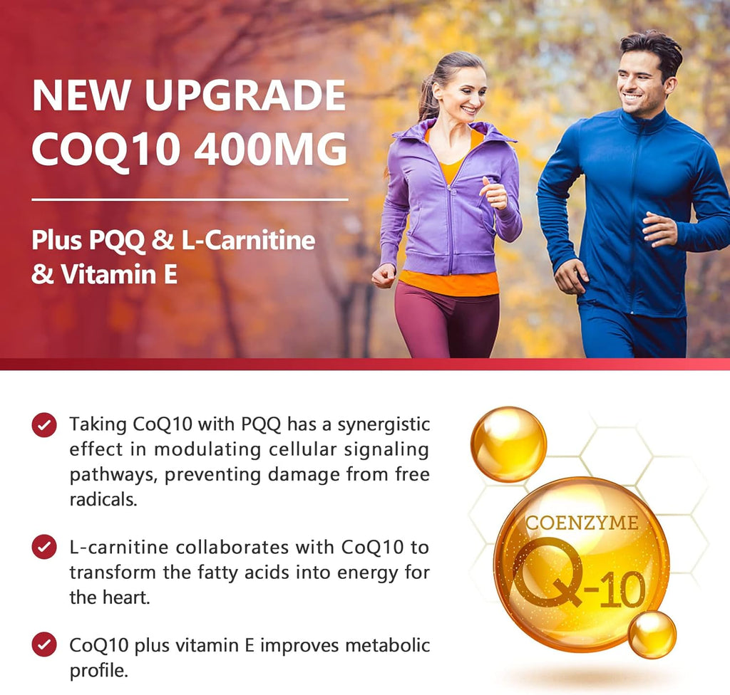 CoQ10-400mg with PQQ, Omega-3s & L-Carnitine, High Absorption Coenzyme-Q10 with BioPerine, 120 Servings B7480