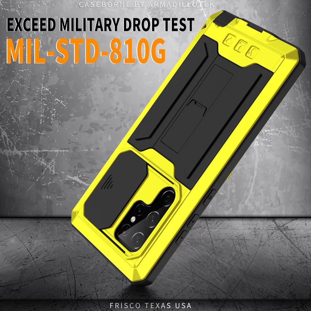 Yellow Hard PC TPU Waterproof Case with Built-in Glass Screen Protector and Kickstand for Galaxy S22 Ultra 5G W5501