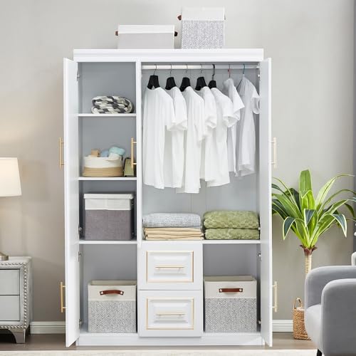 White Wood Storage Closet with Doors and Hanging Rod G2507