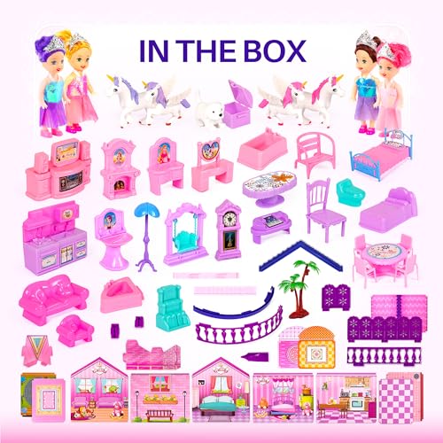 Pink and Purple 5 Room Dollhouse with 4 Princesses, 4 Unicorns, Dog, Furniture and Accessories M457