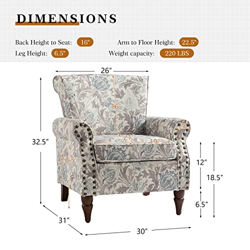 Pink Floral Pattern Wingback Accent Chair with Wood Legs & Removable Cushion F7116