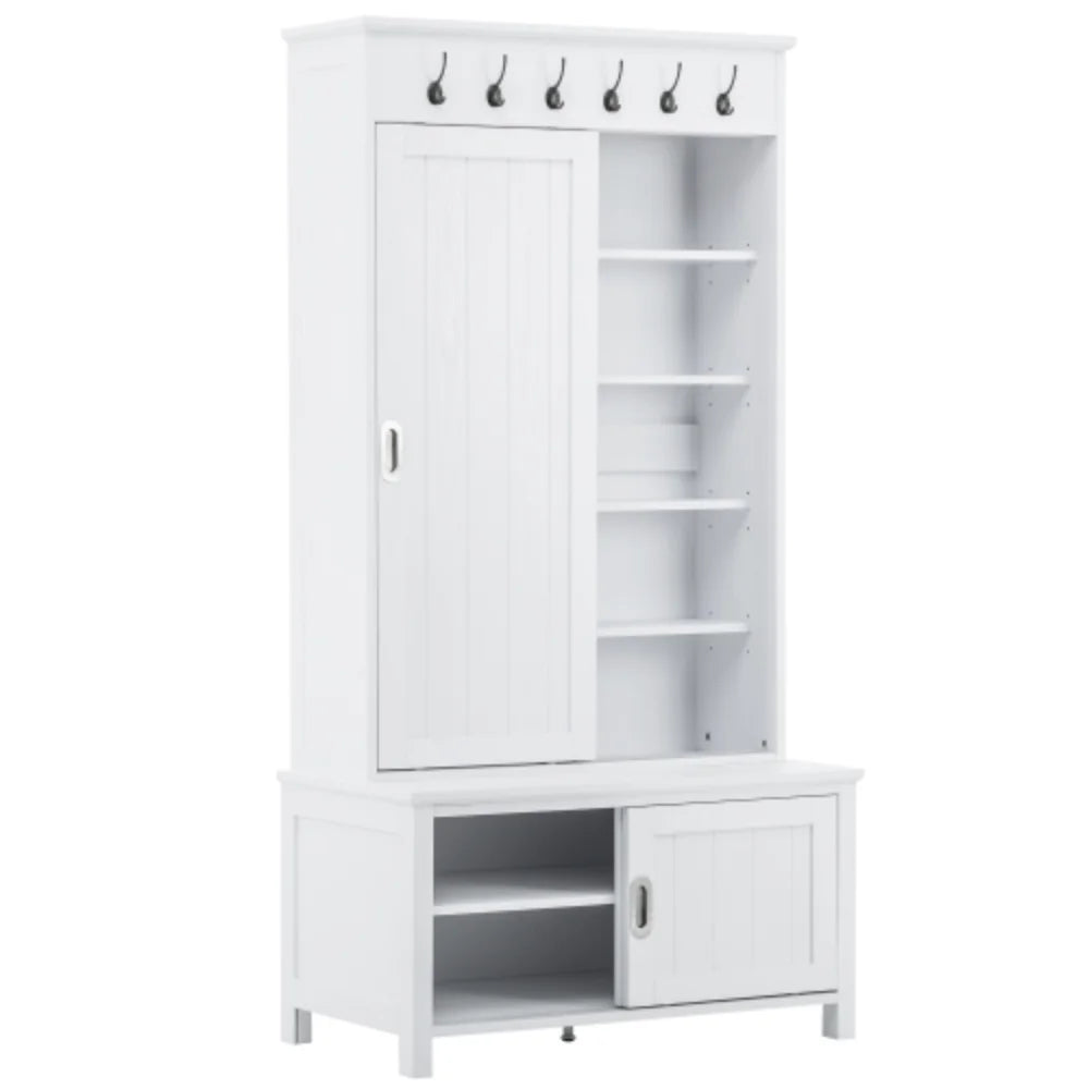 White Wooden Hall Tree with Sliding Doors and Storage Bench J666057