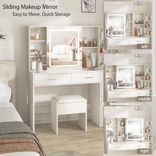 White Vanity Desk with Mirror and Lights 5 Drawers with Chair T159296