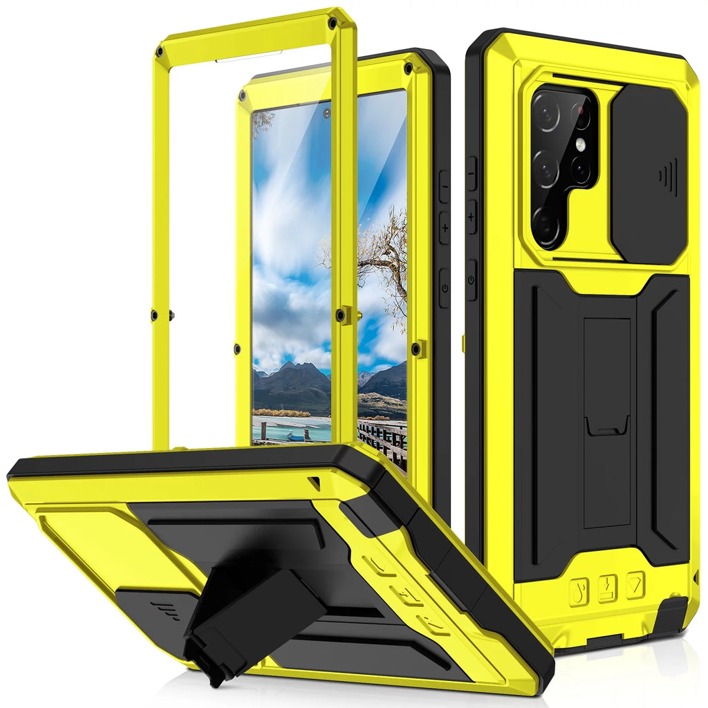 Yellow Hard PC TPU Waterproof Case with Built-in Glass Screen Protector and Kickstand for Galaxy S22 Ultra 5G W5501