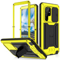 Yellow Hard PC TPU Waterproof Case with Built-in Glass Screen Protector and Kickstand for Galaxy S22 Ultra 5G W5501
