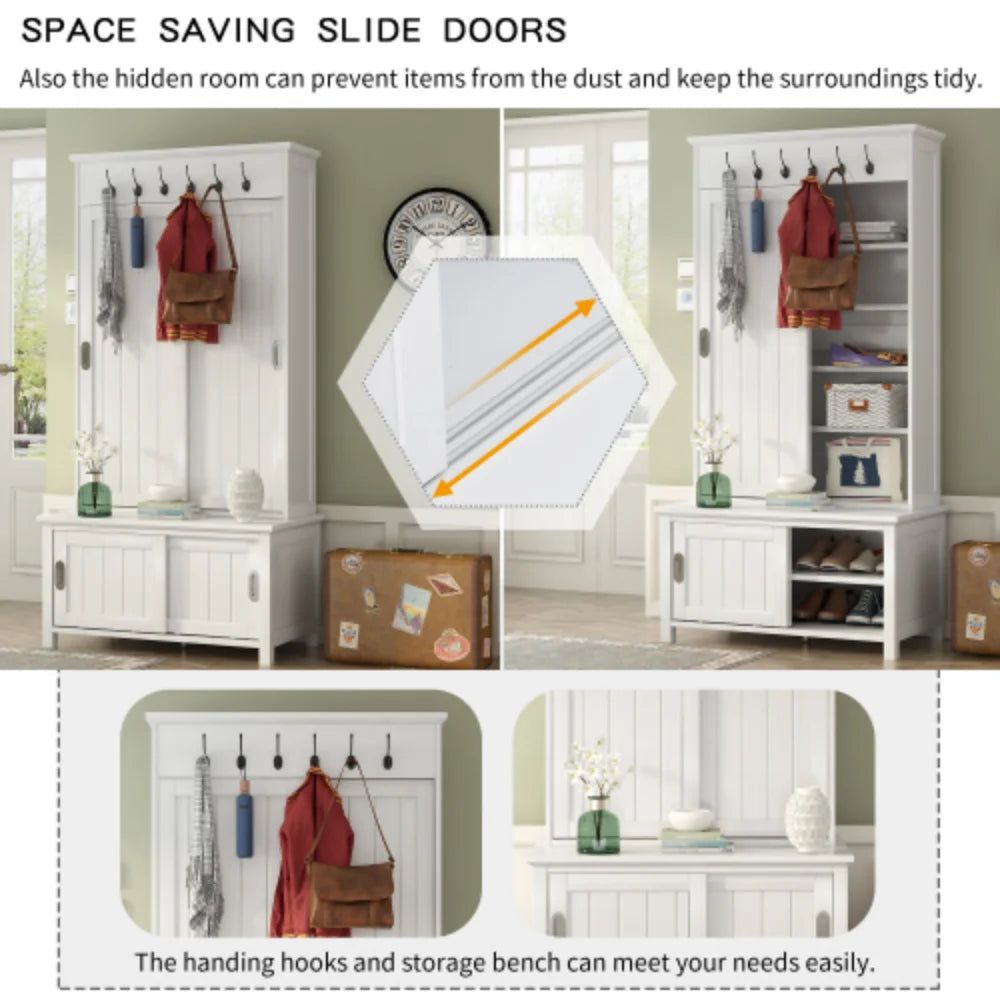 White Wooden Hall Tree with Sliding Doors and Storage Bench J666057