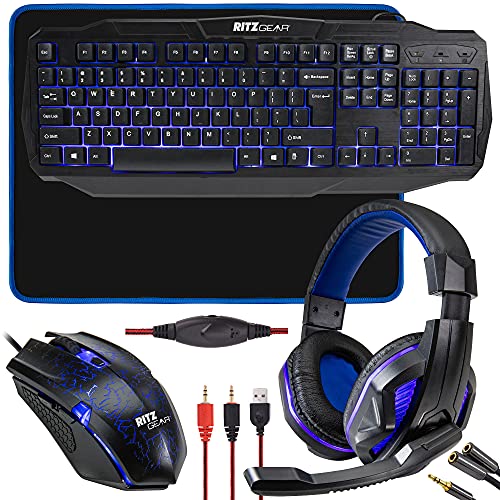 RGB Gaming Accessories Kit 4-in-1 Rainbow LED Backlight Bundle with Multimedia Keyboard, Optical Mouse, Mouse Pad & Headset B58060