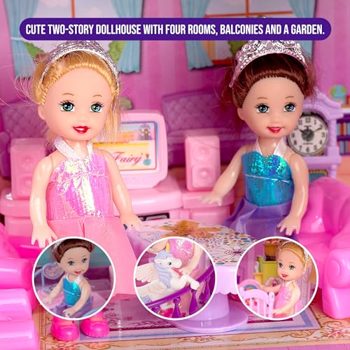 Pink and Purple 5 Room Dollhouse with 4 Princesses, 4 Unicorns, Dog, Furniture and Accessories M457