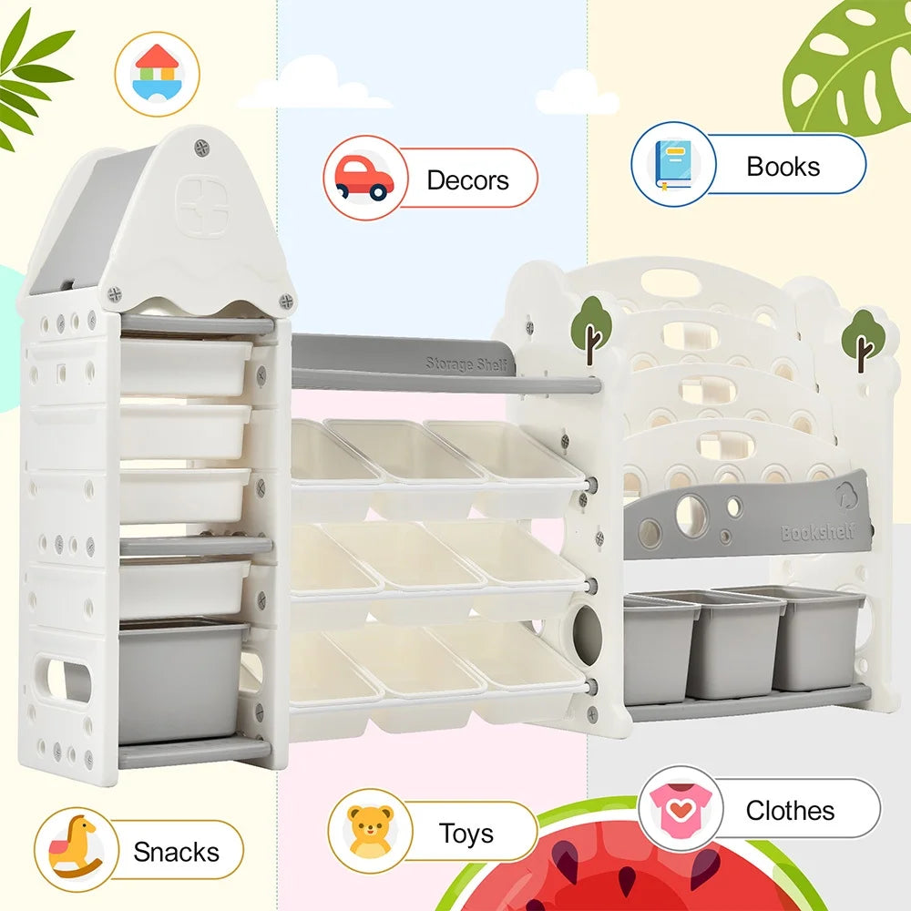 Grey Kids Bookshelf Toy Storage Organizer with 17 Bins and 4 Bookshelves J4983