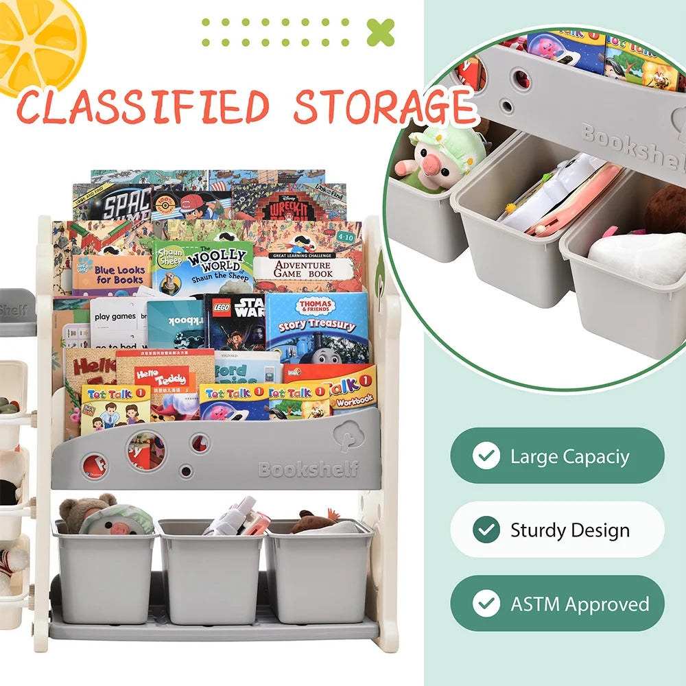 Grey Kids Bookshelf Toy Storage Organizer with 17 Bins and 4 Bookshelves J4983