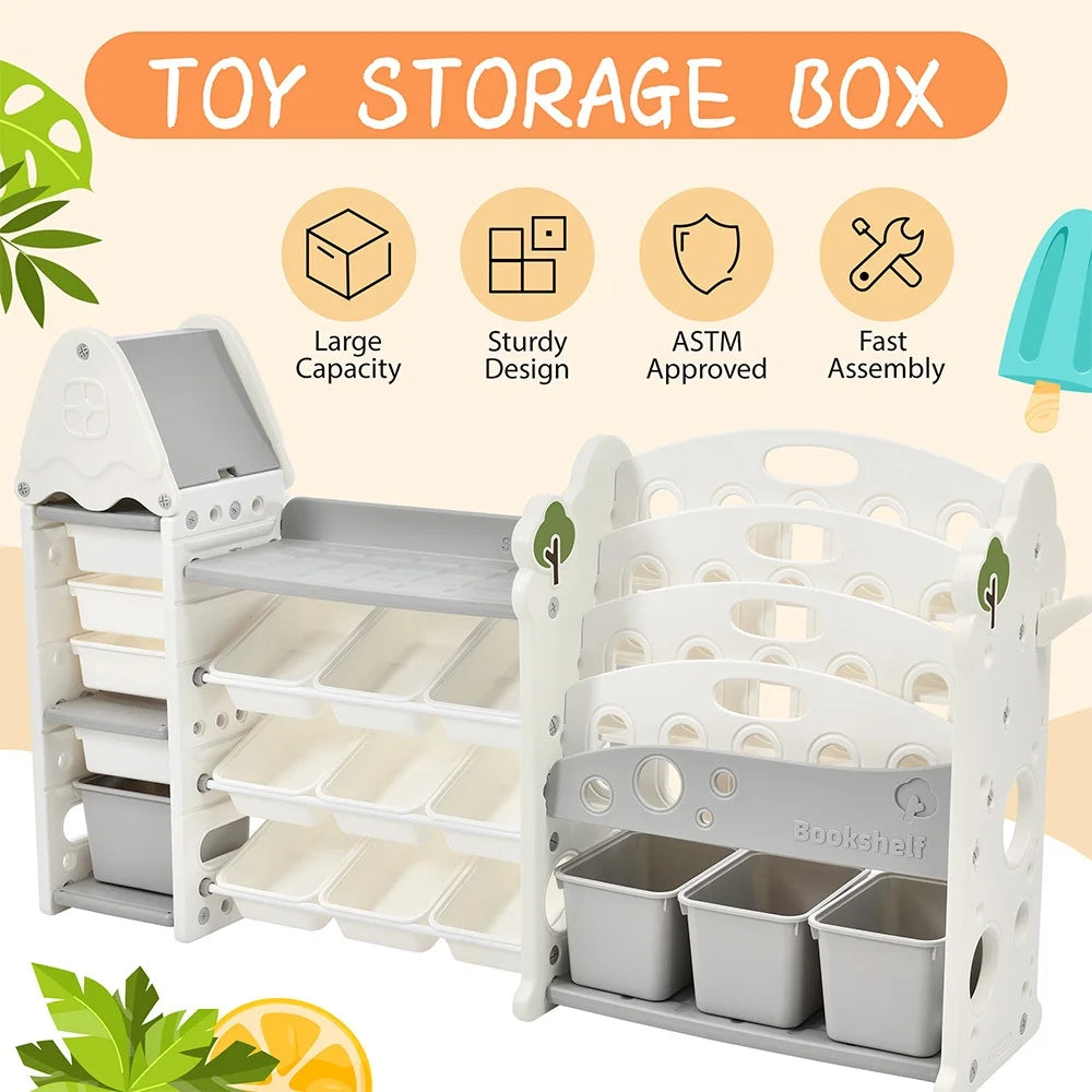 Grey Kids Bookshelf Toy Storage Organizer with 17 Bins and 4 Bookshelves J4983