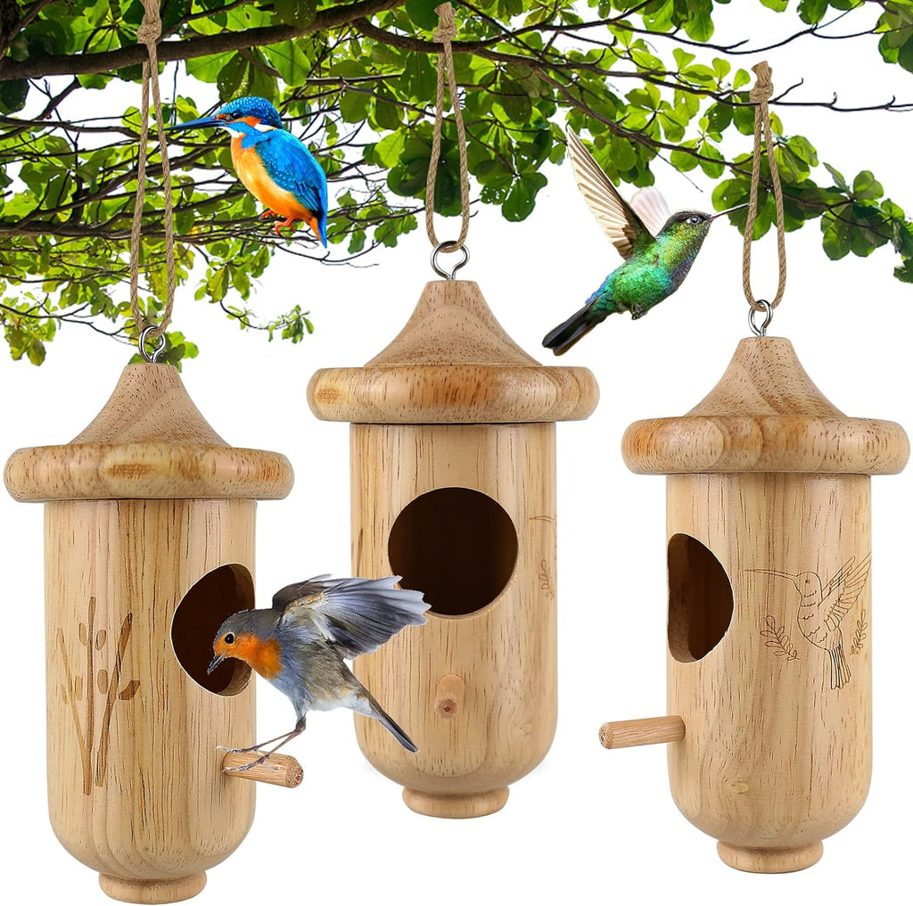 3 Pack Wooden Hummingbird House with Hemp Ropes F436885