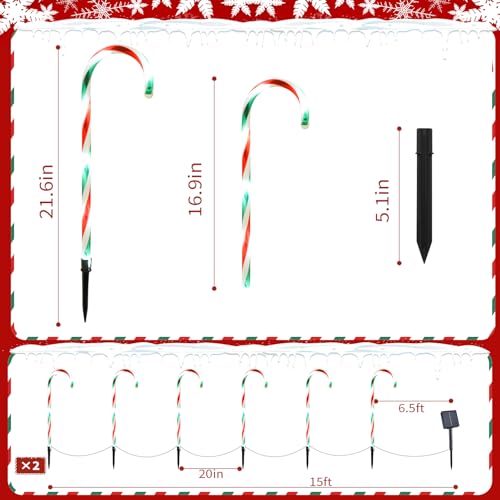 2PK 12 PCS 8 Modes Solar Candy Cane Lights 15FT J987