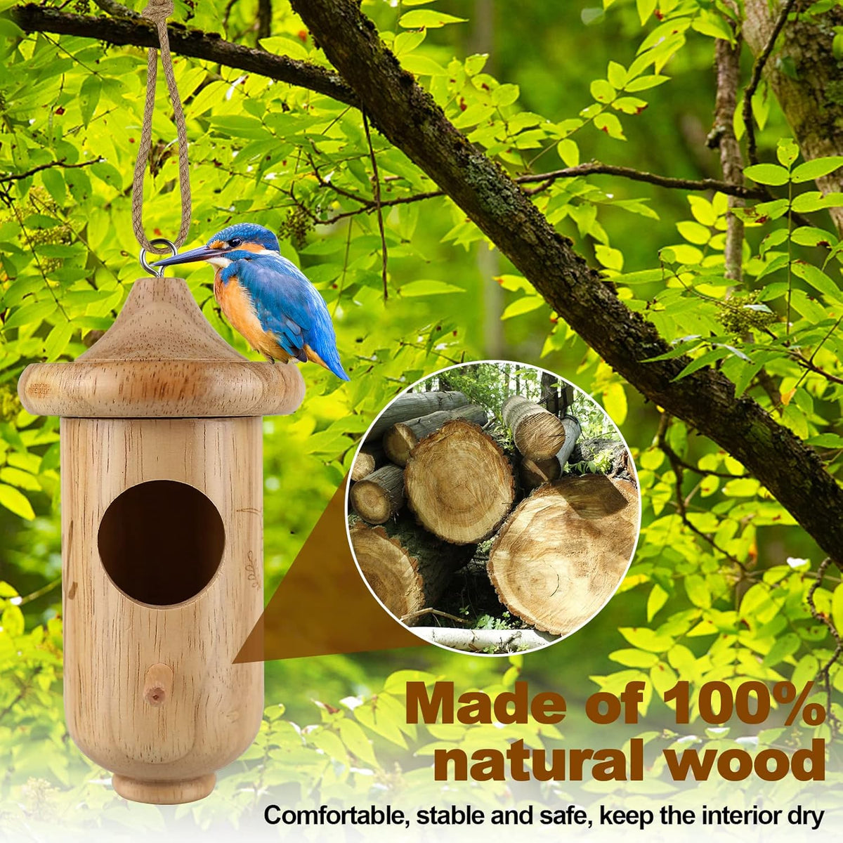 3 Pack Wooden Hummingbird House with Hemp Ropes F436885