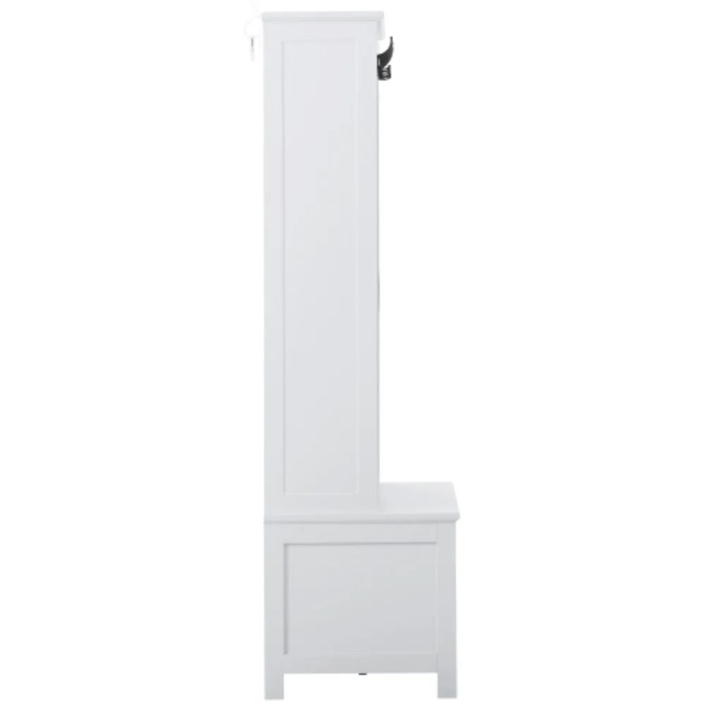 White Wooden Hall Tree with Sliding Doors and Storage Bench J666057