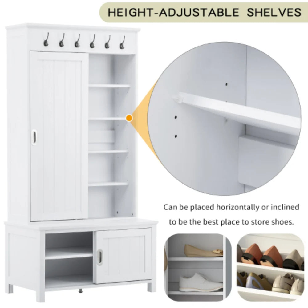 White Wooden Hall Tree with Sliding Doors and Storage Bench J666057