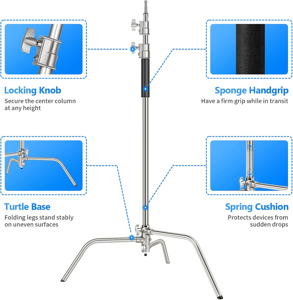 100% Stainless Steel C-Stand (2-Pack) with Extension Arm, Grip Head, Turtle Base Q6055
