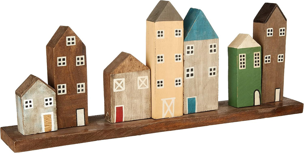 Multicolored Hand-Carved Mango Wood Village on Tray R601541