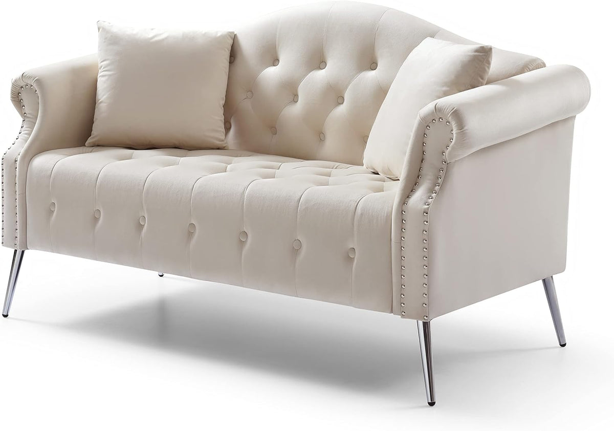 Beige Velvet Chesterfield Loveseat Sofa with Metal Legs O1217