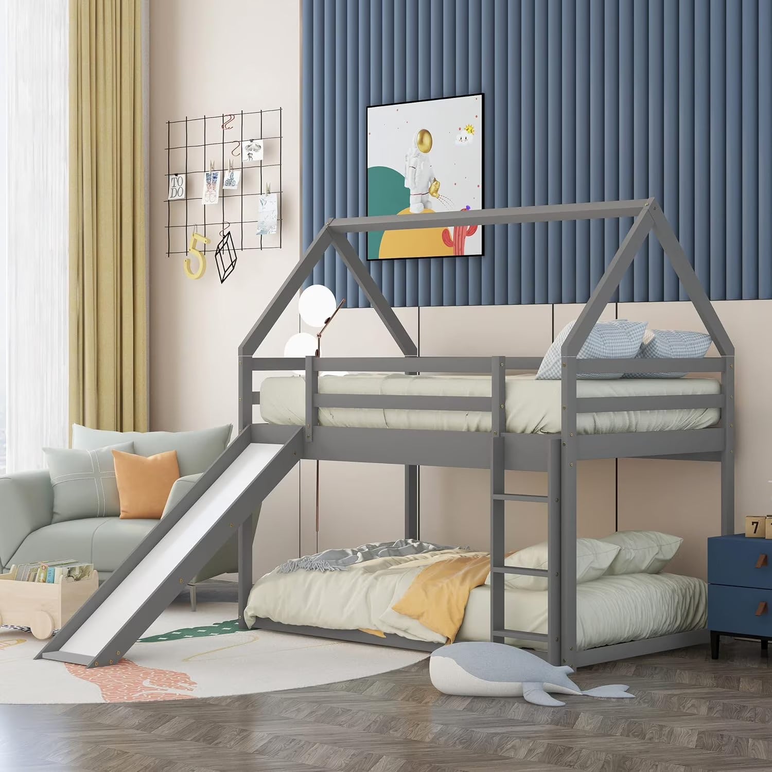 Grey Wood Bunk Bed with Slide and Ladder M62281