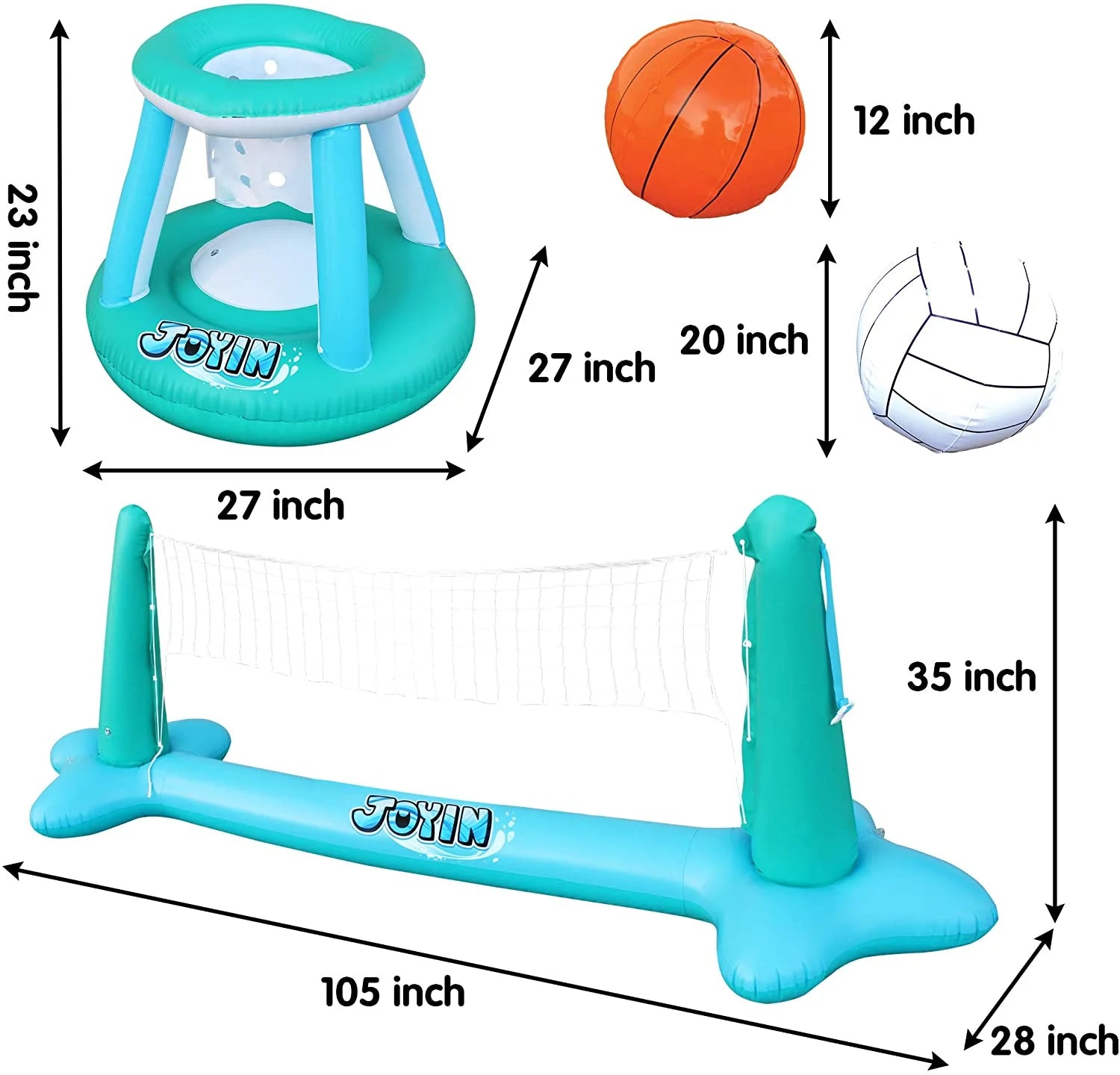 Inflatable Pool Float Set with Volleyball Net & Basketball Hoops Balls I71811