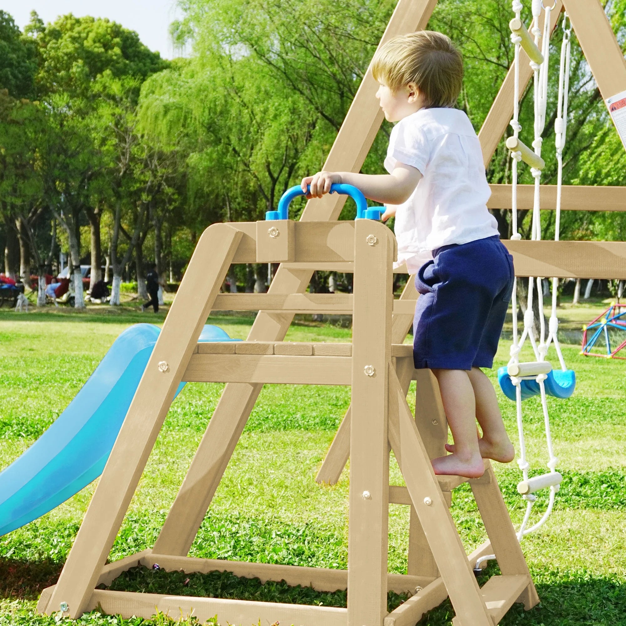 Wooden Swing Set with Slide and Climbing Rope O619