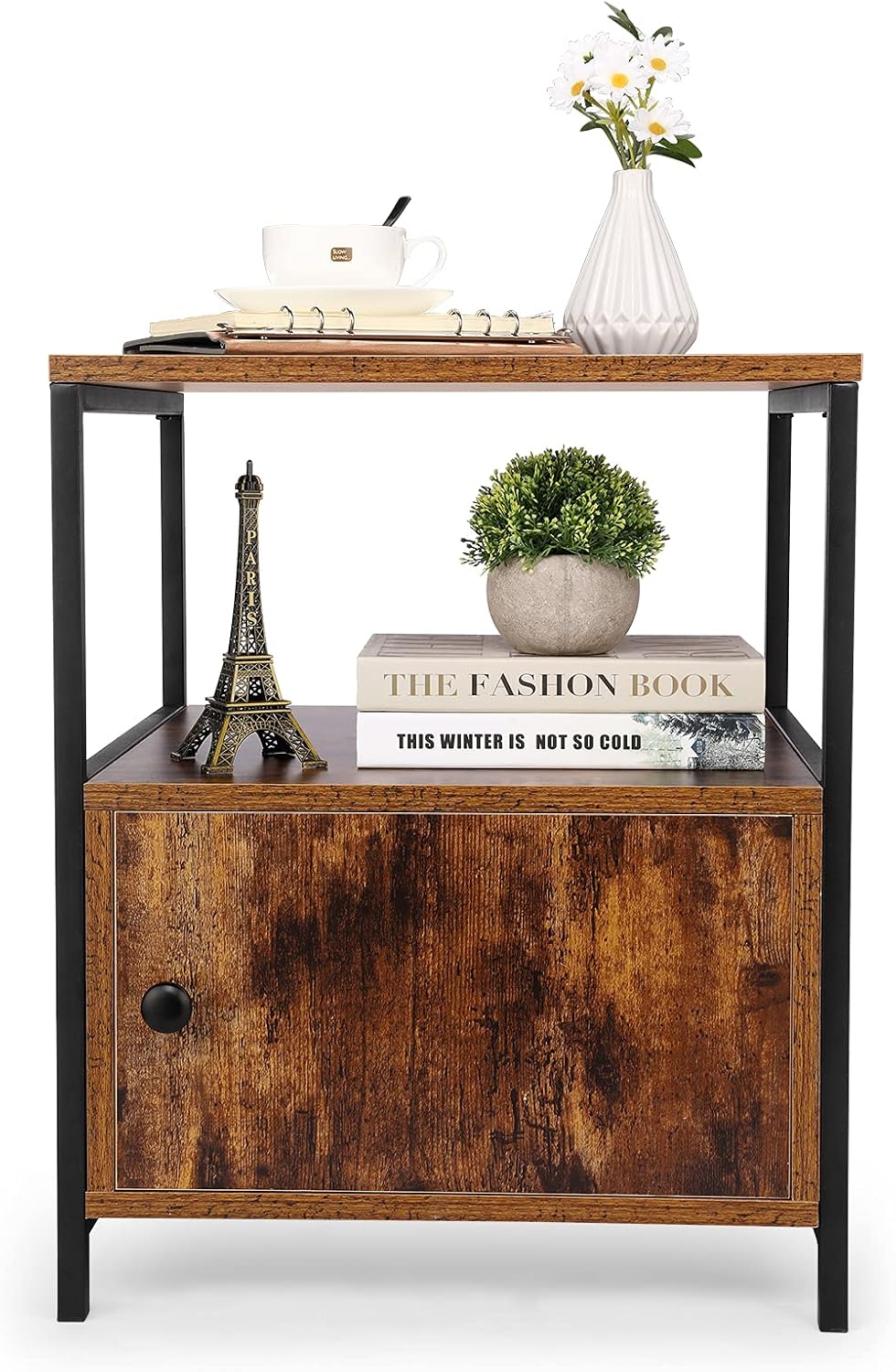 Rustic Brown 3-Tier Nightstand with Steel Frame and Cabinet Door U10771