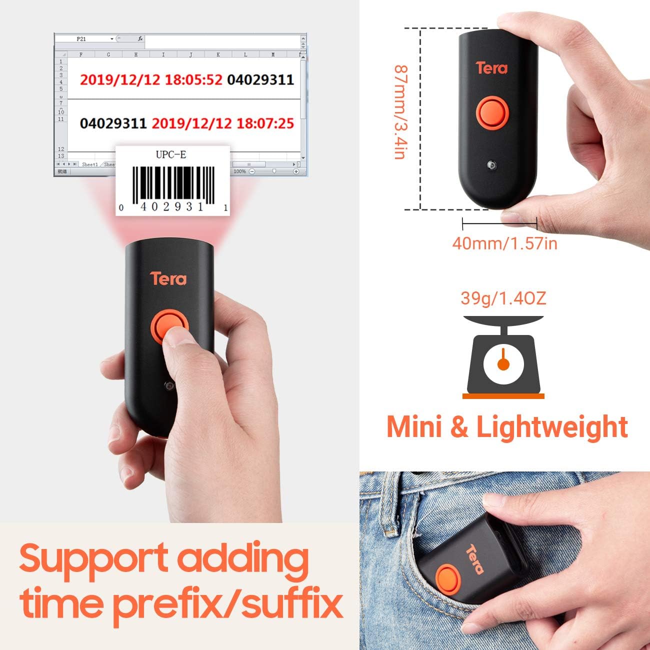 Wireless Barcode Scanner, Waterproof Shockproof Mini Pocket 2D Scanner, Bluetooth 5.0 & USB Wired & 2.4G Bar Code Reader H98153