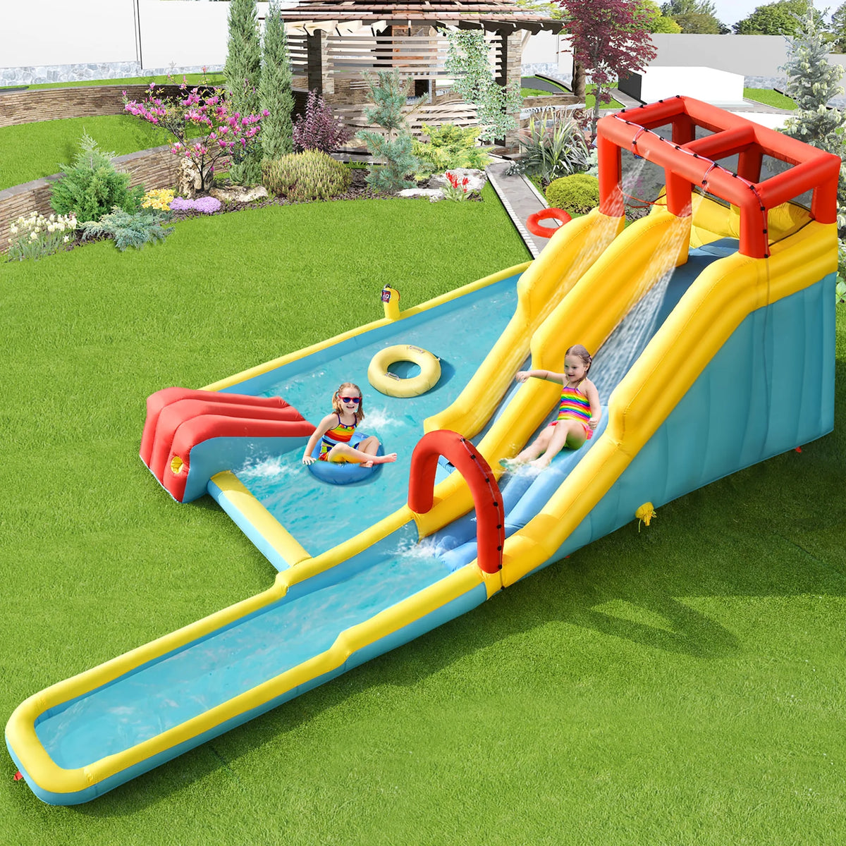 Inflatable Dual Slide Water Park Climbing Bouncer with 735W Blower Q847