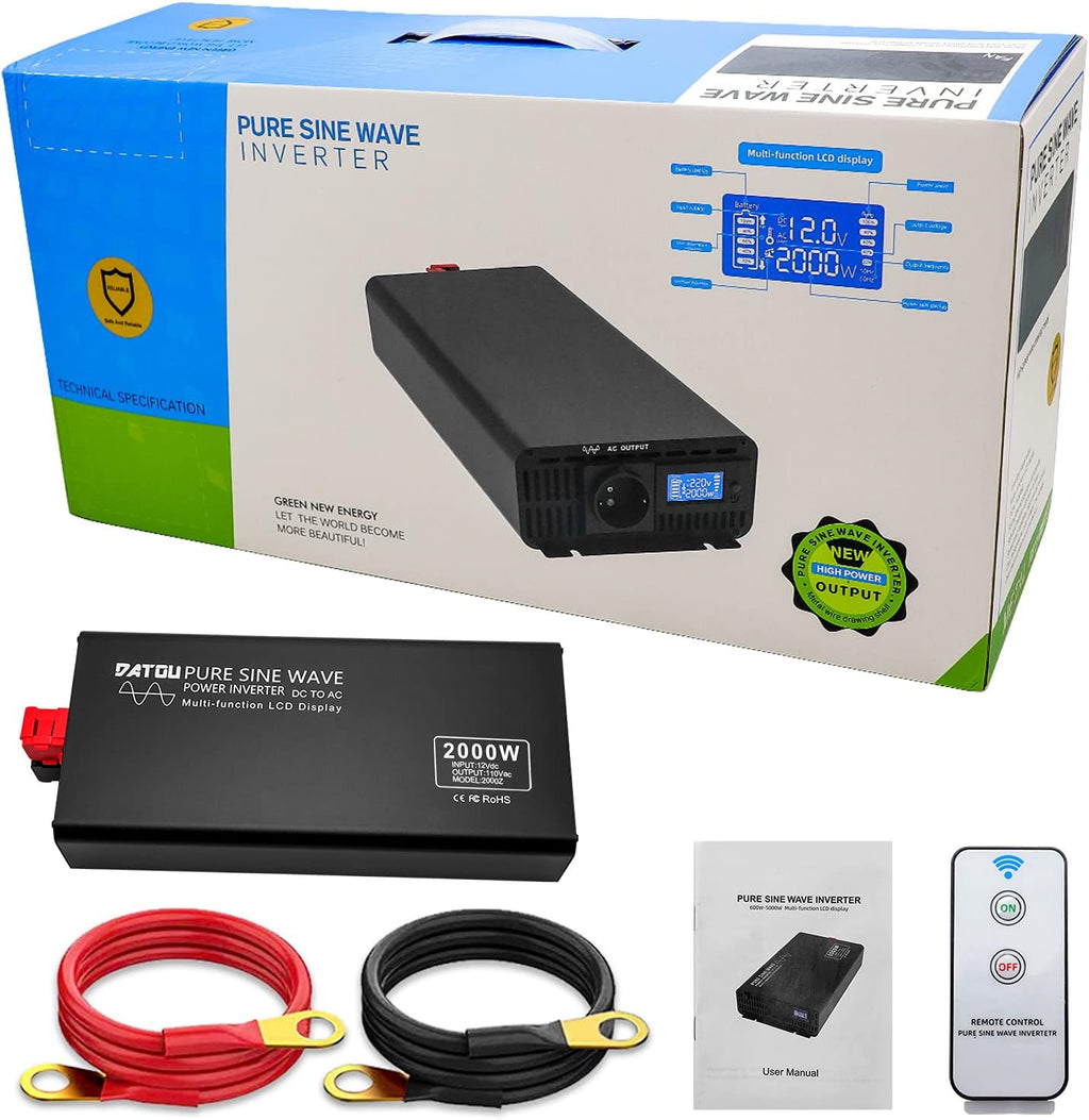 Pure Sine Wave Power Inverter 1000W/2000W Peak DC 12V to 110V AC Car Converter with 2 AC Outlets and LED Display H628