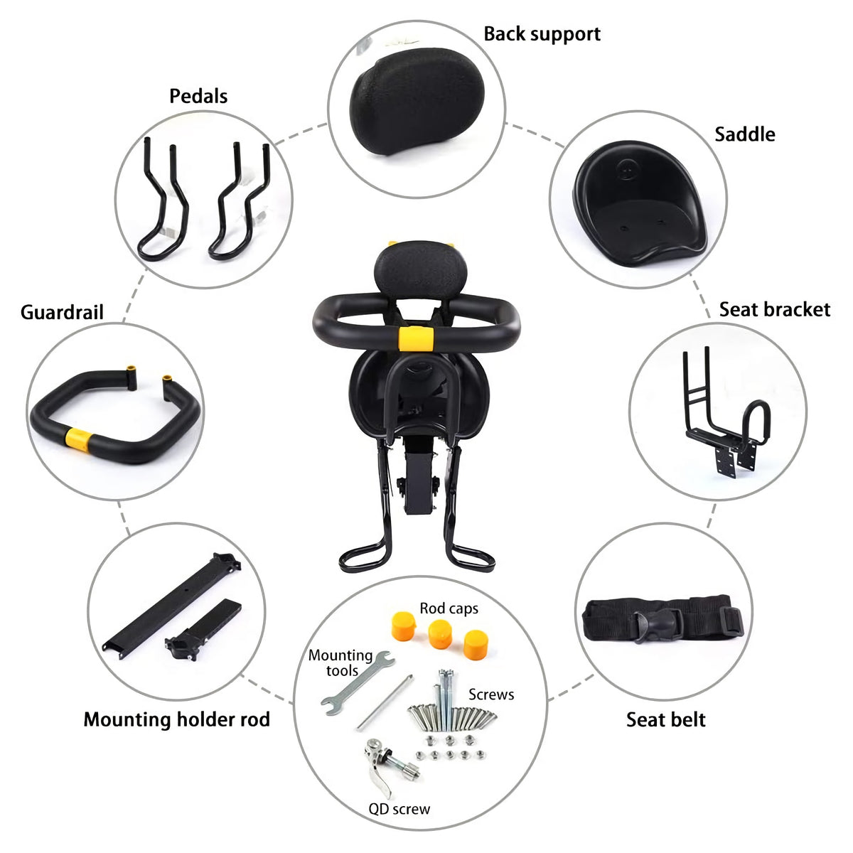 Children Safety Bicycle Seat Carrier with Back Rest, Foot Pedals J7246