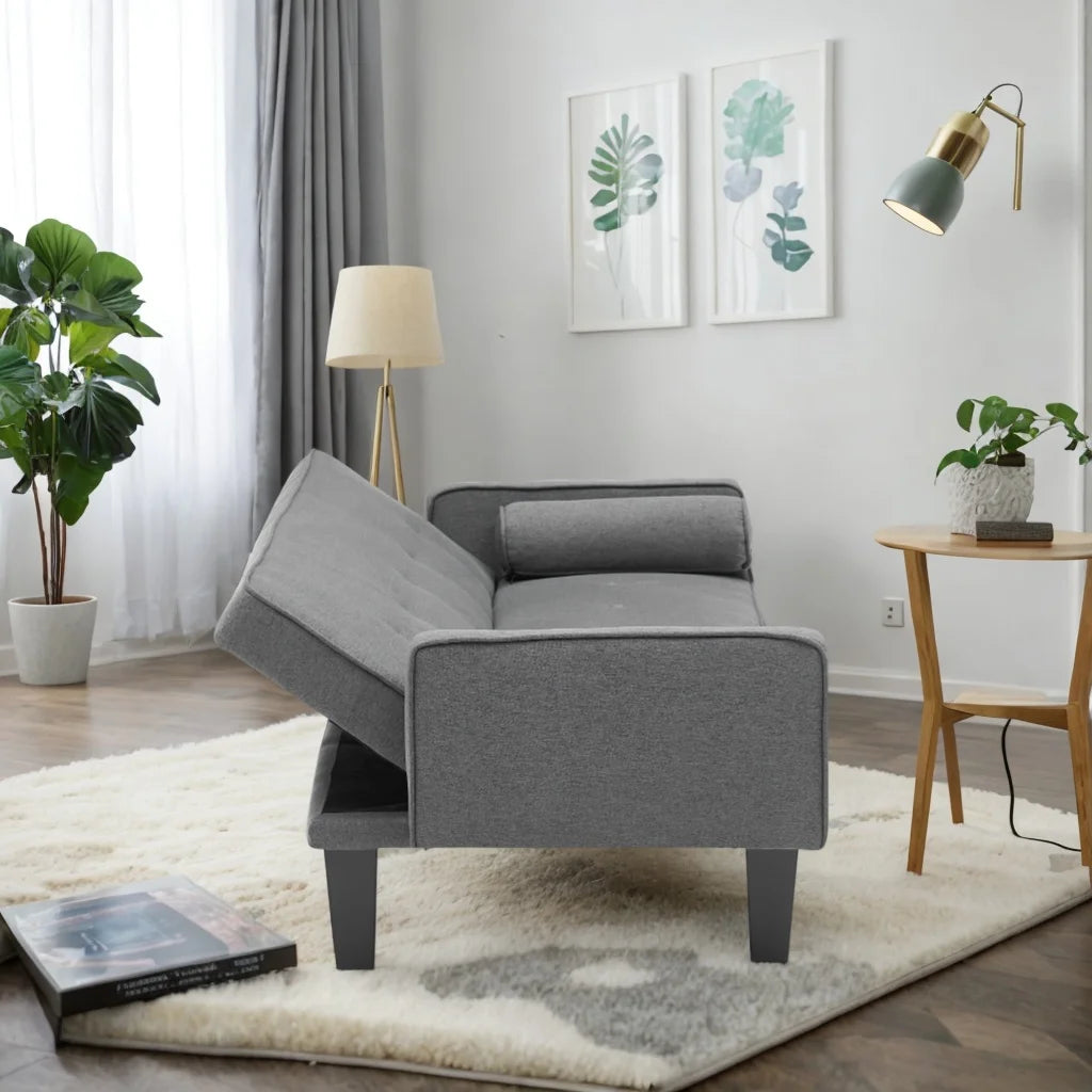 Dark Gray Cotton Linen Convertible Sofa Bed with Two Pillows H88008