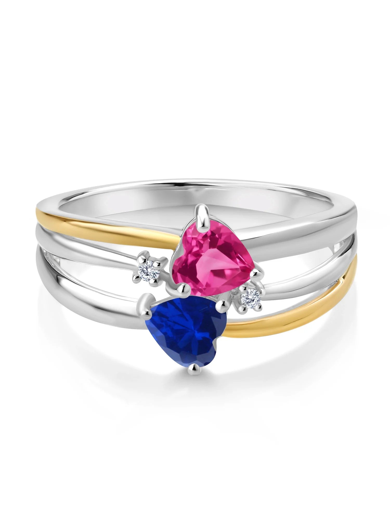 925 Silver 10K Yellow Gold Pink Created Sapphire Blue Created Sapphire White Lab Grown Diamond Band Ring Y501