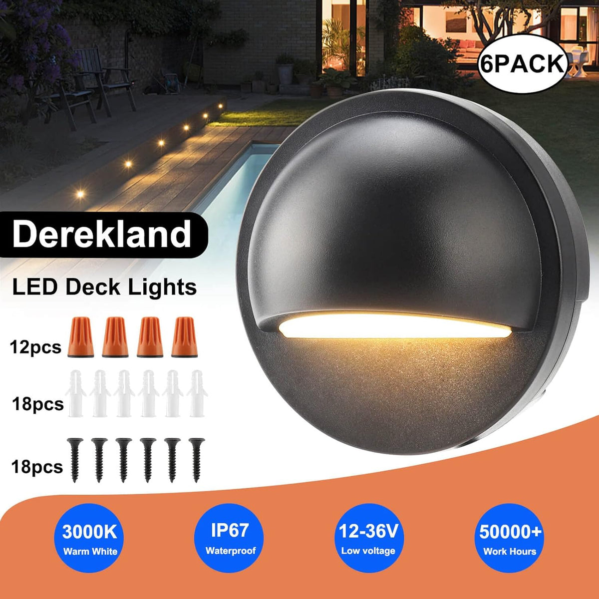 6 Pack Low Voltage Warm White Deck Lights J257583