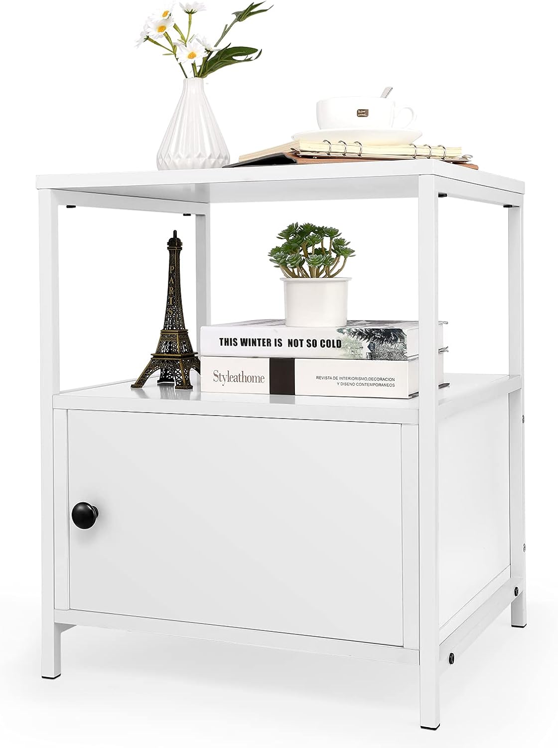 Rustic Brown 3-Tier Nightstand with Steel Frame and Cabinet Door U10771