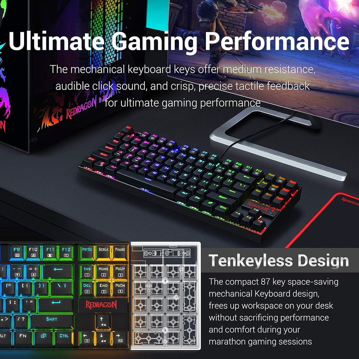 Mechanical Gaming Keyboard and Mouse Combo, Tenkeyless, 60% with Arrow Key, 7200 DPI Mouse, Pack of 2 H125