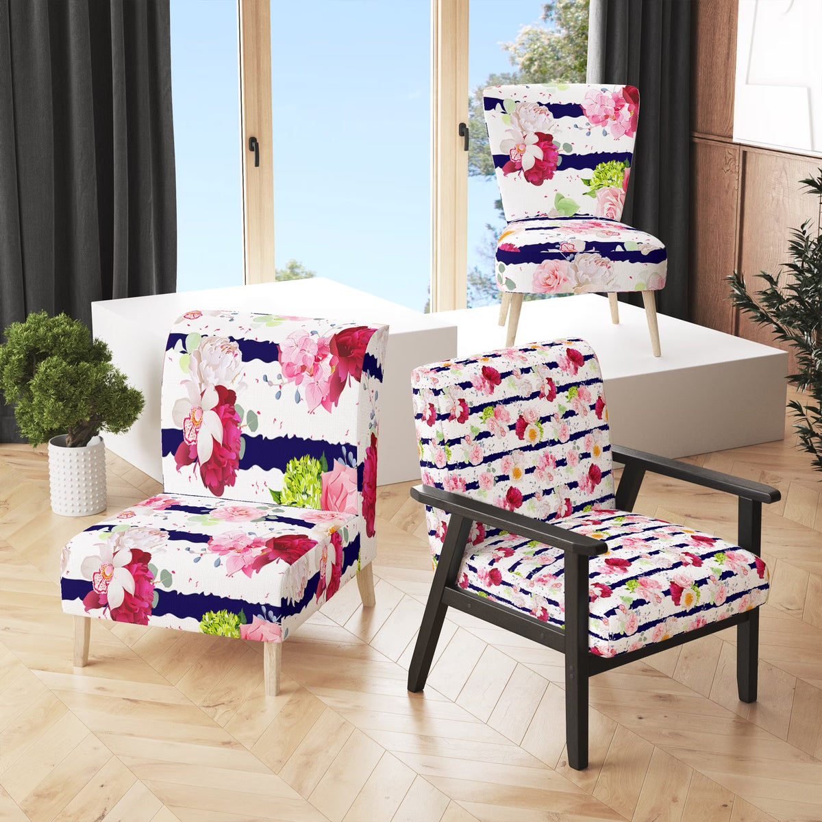 Pink Bouquet Flowers Upholstered Patterned Accent Chair and Arm Chair M426162