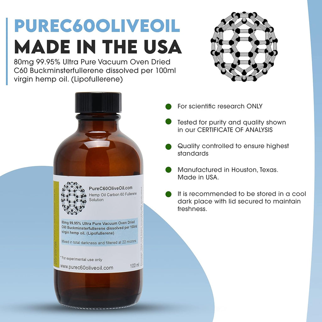 C60 Hemp Seed Oil 100ml / 3.4 Fl Oz - 99.95% Carbon 60 Solvent Free 80mg - Amber Glass Bottle - Food Grade - Pack of 2 P296148