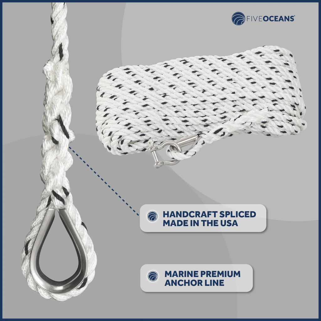 1/2 inch x 100 ft 3-Strand White Nylon Anchor Rope Line with Stainless Steel Thimble and Schakle C270