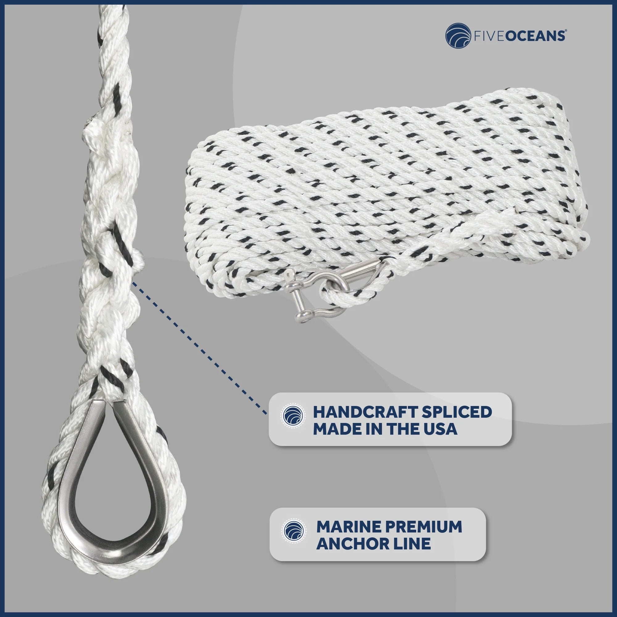 1/2 inch x 100 ft 3-Strand White Nylon Anchor Rope Line with Stainless Steel Thimble and Schakle C270