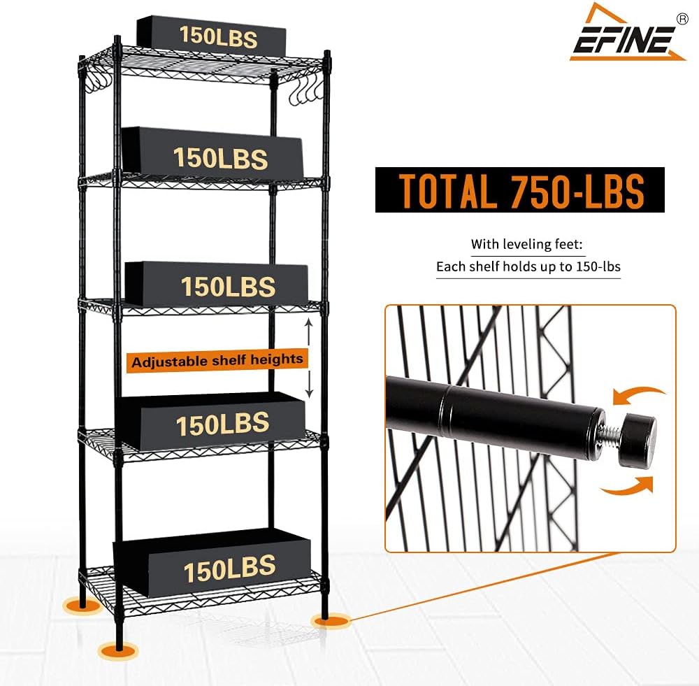 5-Shelf Steel Wire Shelving Unit with 8-Hook, Black, Pack of 2 S5732