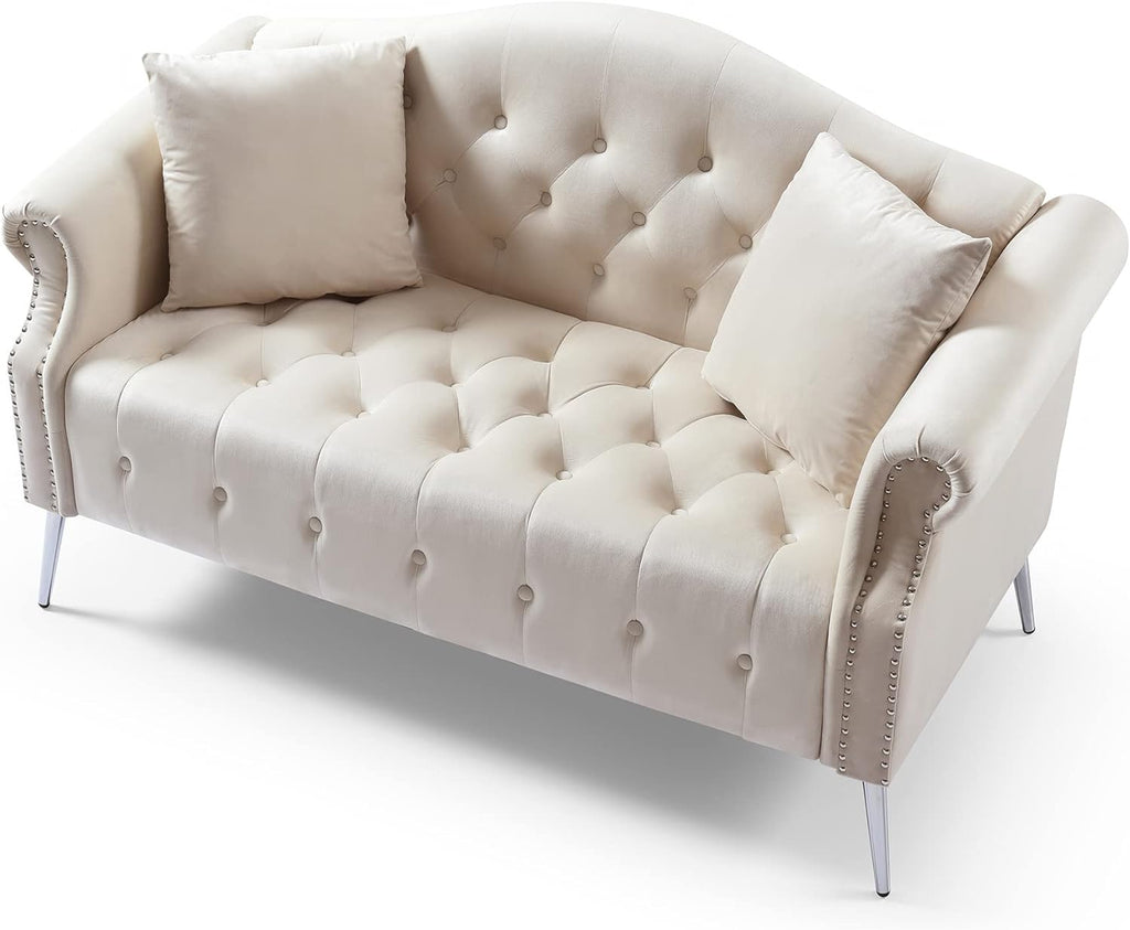 Beige Velvet Chesterfield Loveseat Sofa with Metal Legs O1217