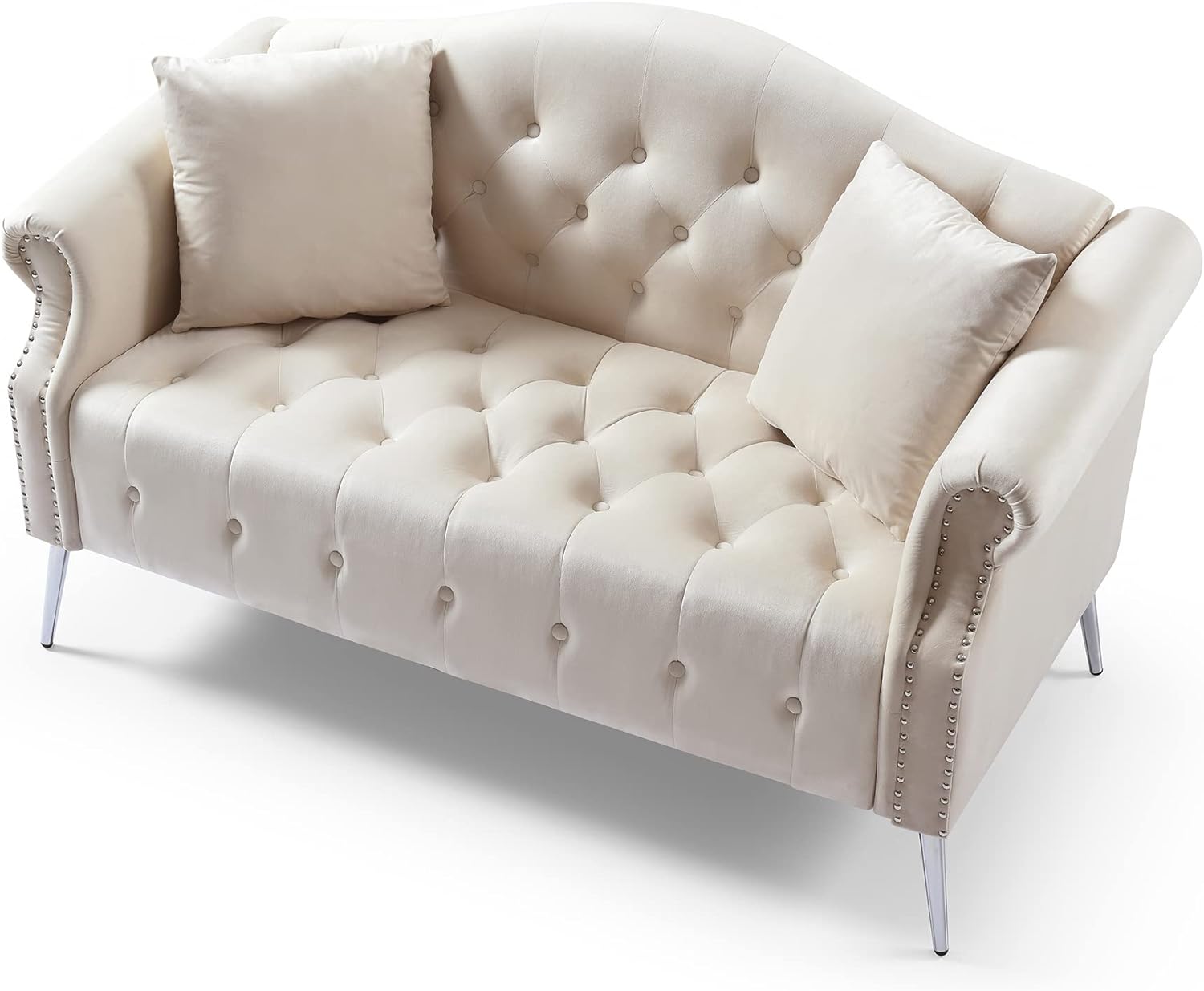 Beige Velvet Chesterfield Loveseat Sofa with Metal Legs O1217