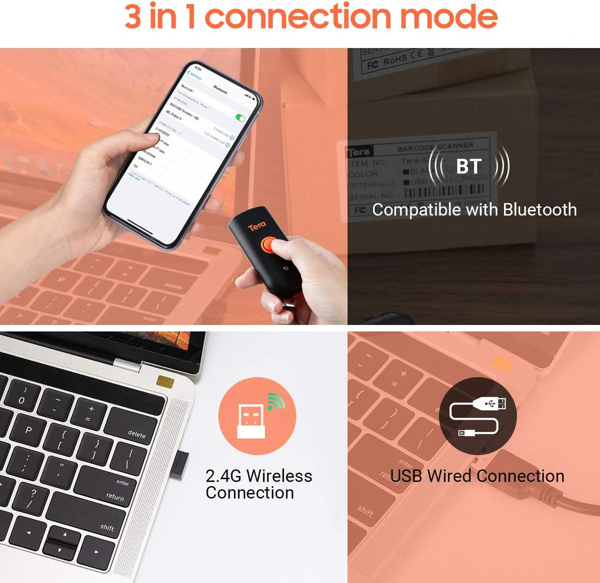 Wireless Barcode Scanner, Waterproof Shockproof Mini Pocket 2D Scanner, Bluetooth 5.0 & USB Wired & 2.4G Bar Code Reader H98153