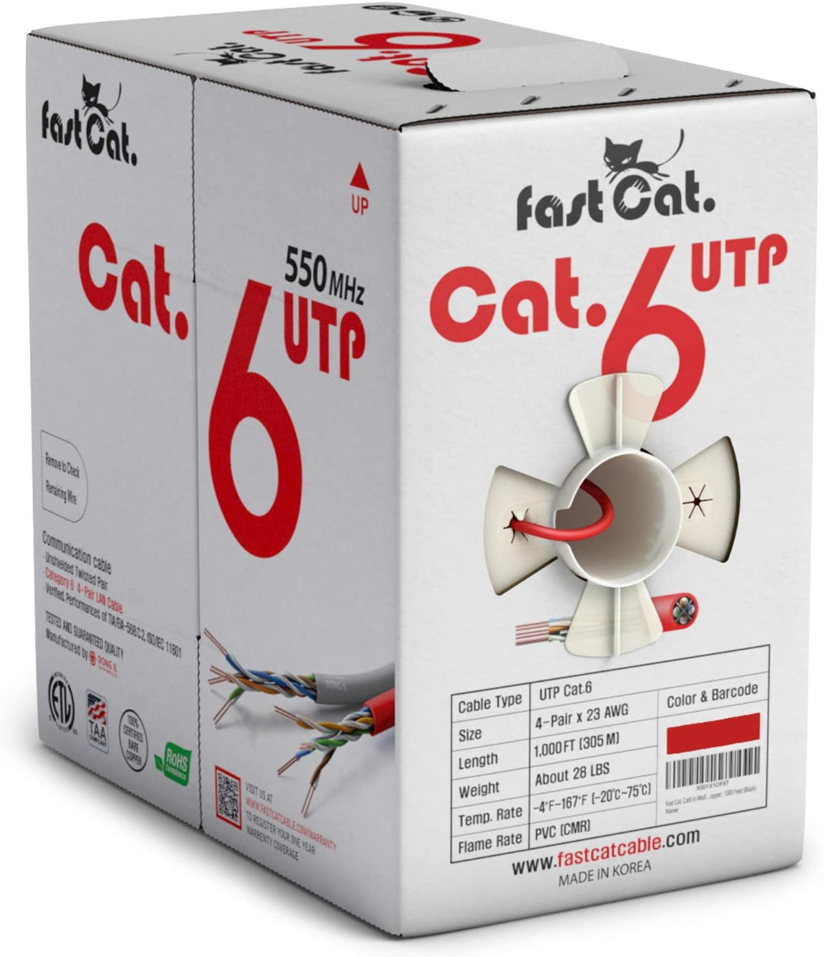 Cat6 Ethernet Cable 1000ft - 23 AWG CMR Solid Bare Copper UTP LAN Cable (Red) K9754