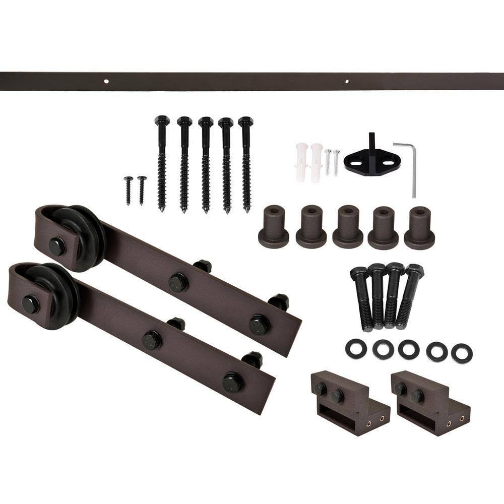 Distressed Mini x Walnut Stained Solid Knotty Pine Wood Interior Sliding Barn Door with Hardware Kit U947254