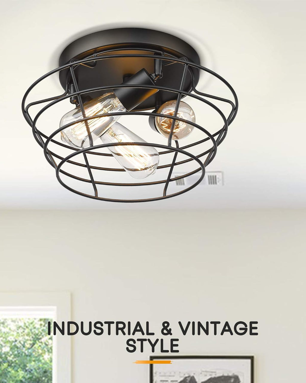 Vintage Black Metal Cage Ceiling Light Fixture H90461