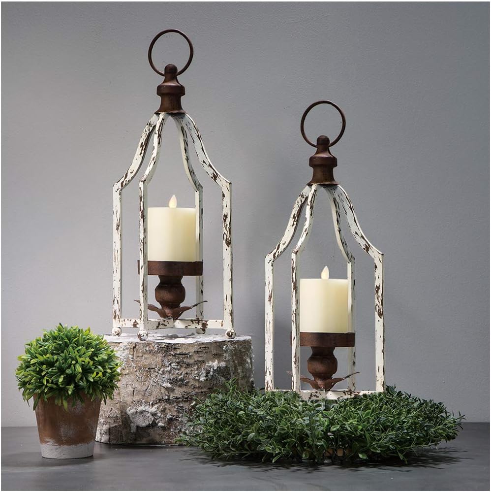 Distressed White Metal Hanging Candle Lanterns Set of 2 H906