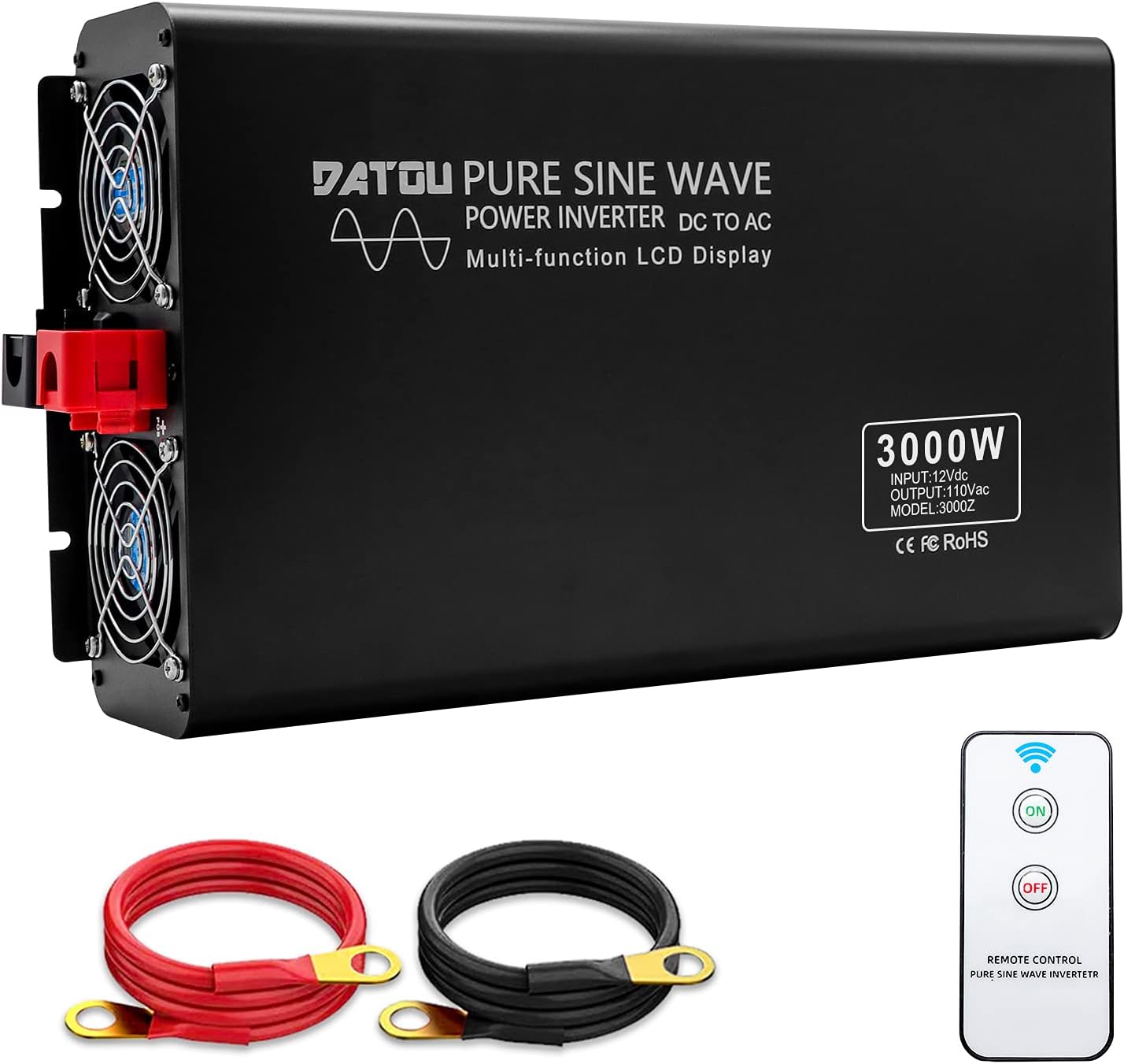 Pure Sine Wave Power Inverter 1000W/2000W Peak DC 12V to 110V AC Car Converter with 2 AC Outlets and LED Display H628