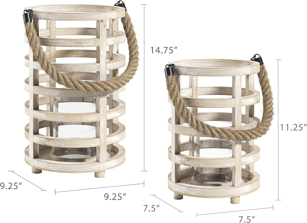 Whitewash Wooden Lantern Candle Holders, Set of 2 P751836